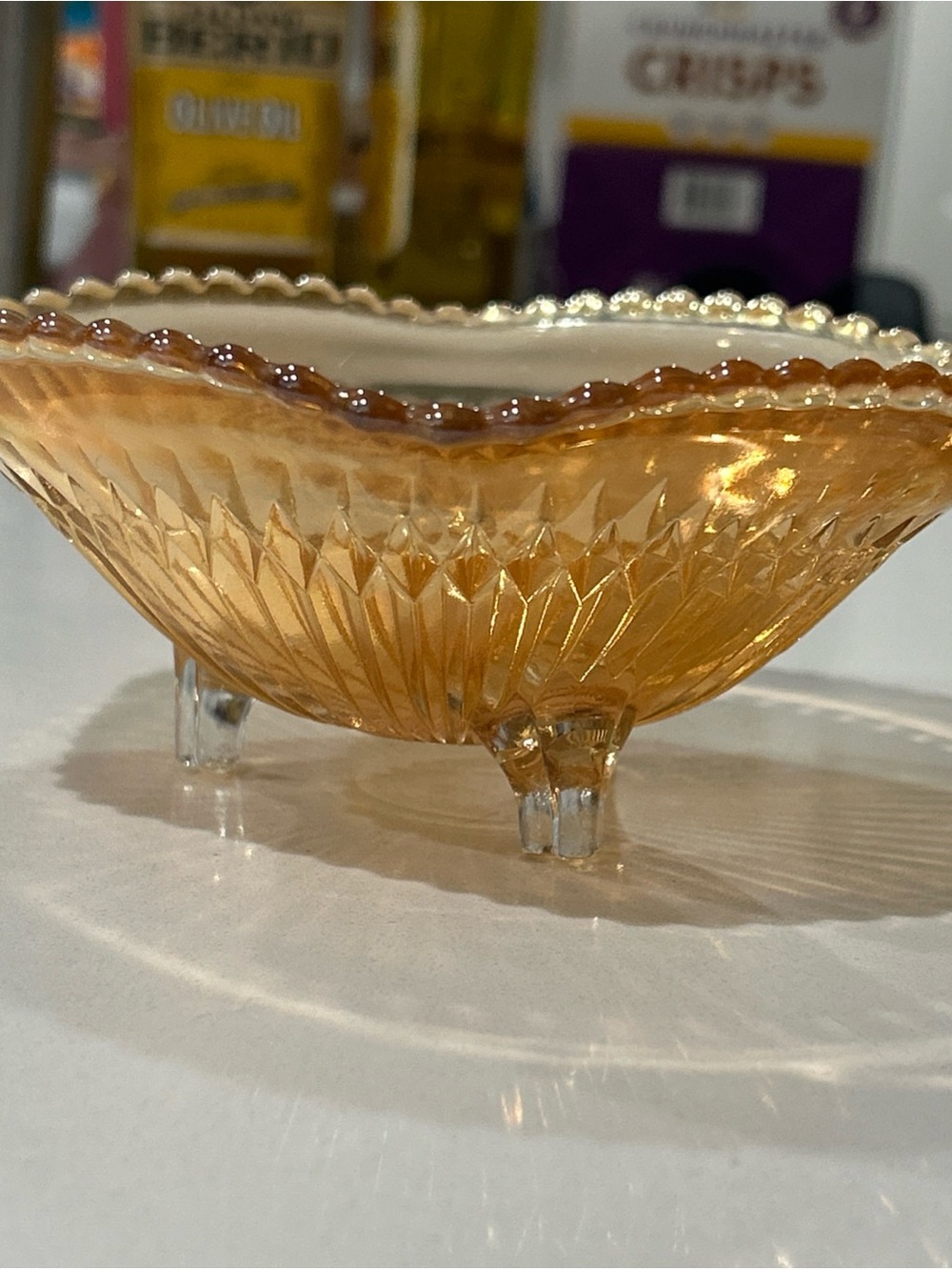Vintage Marigold Glass Carnival Three-Footed Candy Dish Bowl